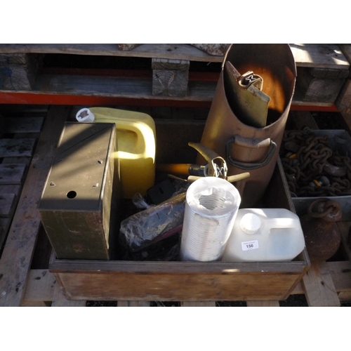 156 - Box containing shovels, coal scuttle, tin box and some piping