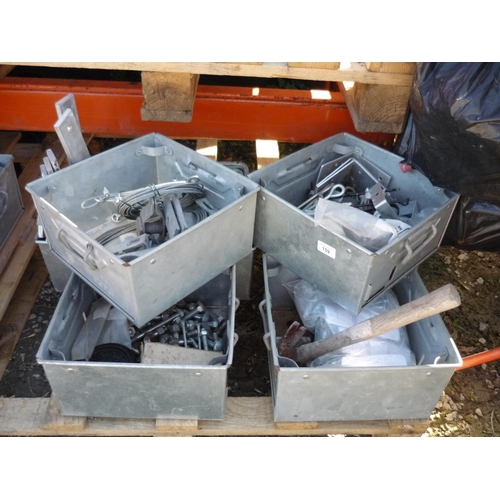 159 - Five metal boxes containing various connecting tools such as tensioning wire, nuts & bolts and vario... 