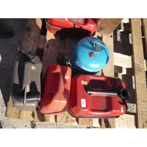 181 - Three petrol cans, two plastic one metal, and one Calor gas canister
