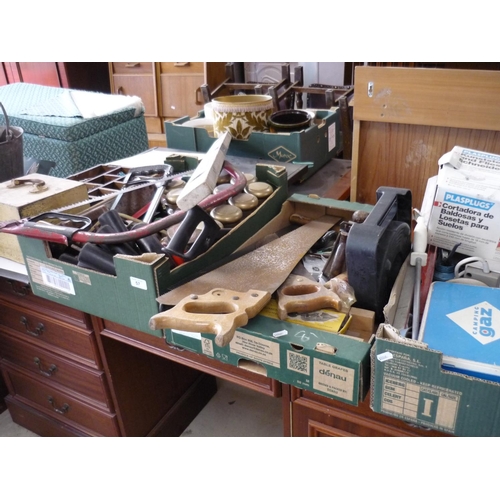57 - Three cardboard boxes and two wooden boxes containing various tools including a camper gas stove, sa... 