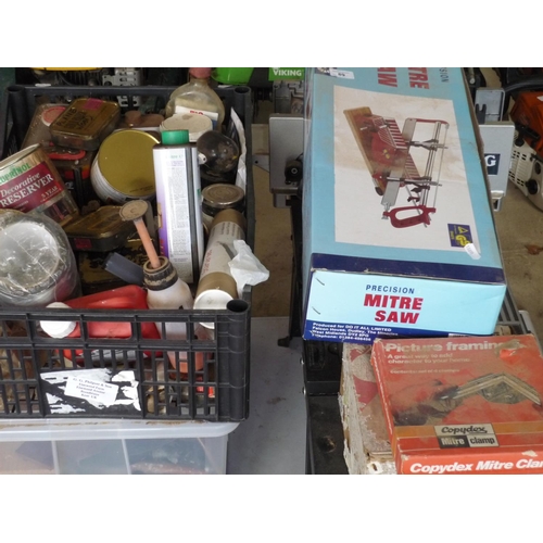 89 - Miter saw and accessories plus woodworking tools, wood paste and wood preserves etc