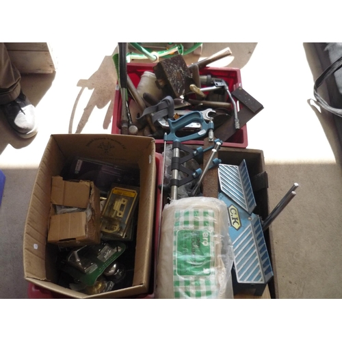 89a - Three boxes of various tools including locks, hammers, mallets, grease gun etc