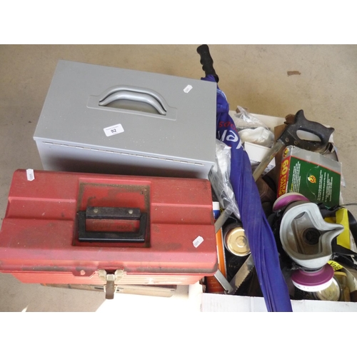 92 - Various tool boxes and tools including a electric sander and other various tools, face masks etc