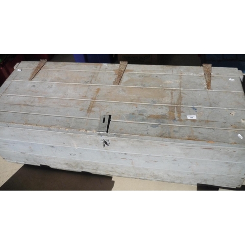 99 - Large grey wooden chest containing various tools including mole catcher, hammer, gas cookers, MIG we... 