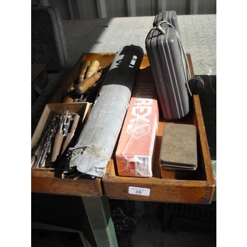 35 - Wooden box containing chisels and some drills, screwdrivers and welding rods