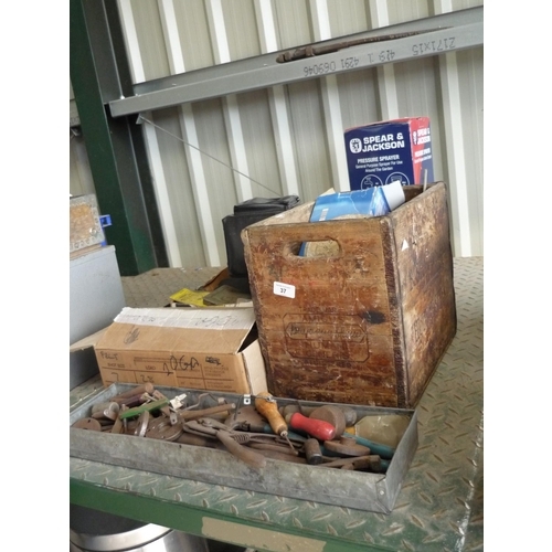 37 - Variety of boxes containing some tools, screws and nuts of various sizes also a Spear & Jackson pres... 