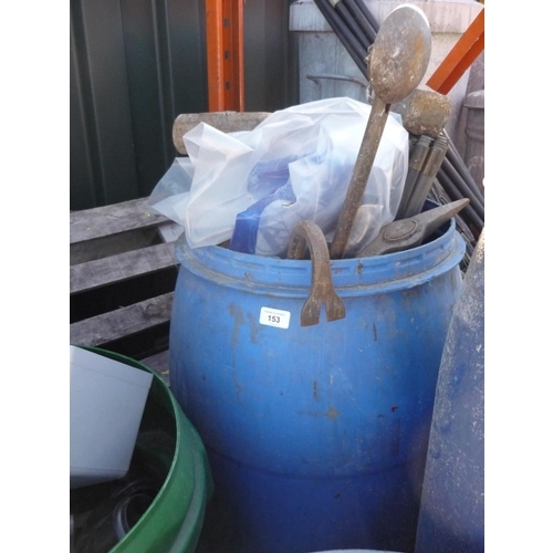 153 - Large blue bucket containing various tools, sledge hammer, pick axes and draining rods