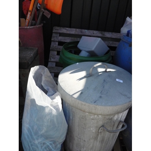 151 - Galvanised dustbin full of plastic bags, a green plastic dustbin full of drain pipe connectors and a... 