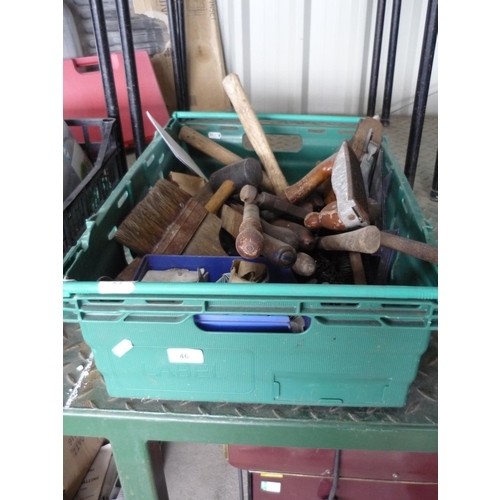 46 - Box containing various tools including hammers, a Stanley plane, screws, brushes and files