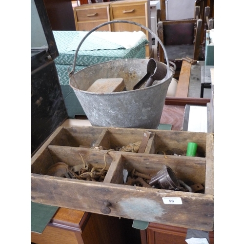 58 - Wooden box containing old nails and a bucket with sheep shearers, tins of nails etc