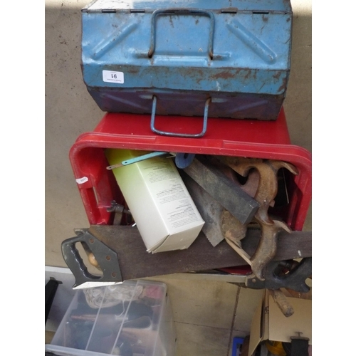 91 - Plastic box and a tool containing various tools including saws, screw drivers etc