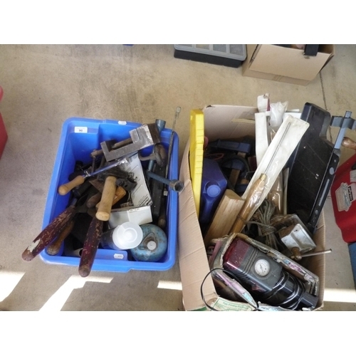 90 - Two boxes of various tools including shears, hammers, gas bottles and an electrical tyre pump