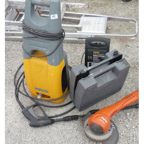 197 - Hozelock pressure washer, Flymo electric strimmer, battery charger and electric drill
