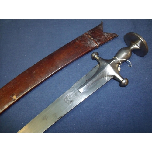 25 - Mid to late 19th C Indian Talwar sword with 32.5 inch semi curved blade with double edged point blad... 
