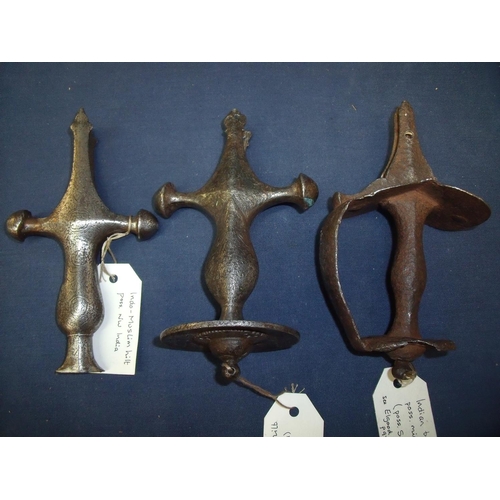 35 - Collection of three Talwar type hilts including Indo-Persian North West India 18th C large disc pomm... 