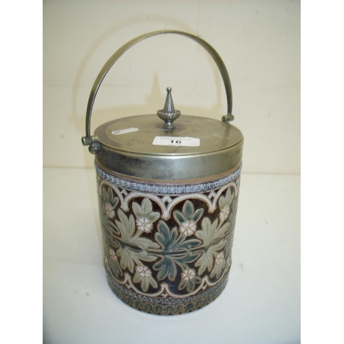 16 - Doulton Lambeth biscuit barrel with plated handle and cover with glazed floral pattern, the undersid... 