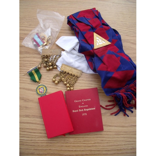 21 - Box containing a small selection of Masonic items including sash, booklets, medals etc