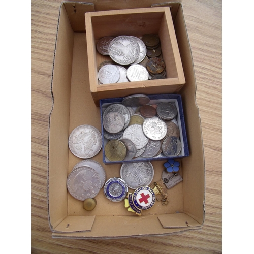 22 - Tray of various assorted GB and world coinage, a small selection of lapel badges etc