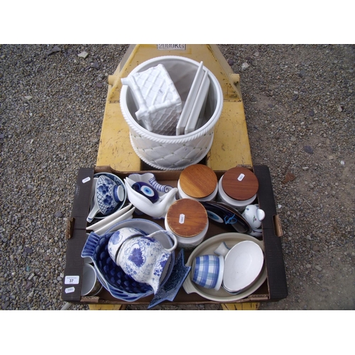 37 - Large selection of various decorative ceramics, kitchen storage jars, blue & white large jardinière ... 