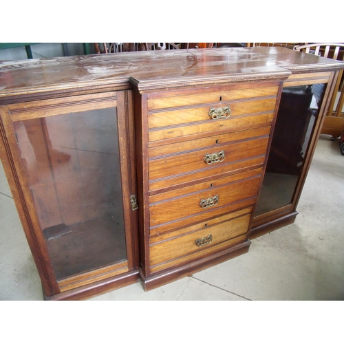 422 - Edwardian break-front sideboard with raised bevelled edged mirror back above four central drawers, f... 