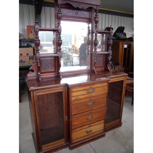 422 - Edwardian break-front sideboard with raised bevelled edged mirror back above four central drawers, f... 