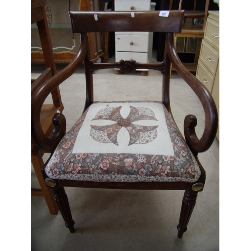 447 - 19th C mahogany armchair with fluted tapering supports, drop-in upholstered seats and brass mounts