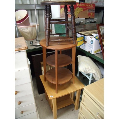 453 - Beech occasional table, pine three tier occasional table, a Lloyd Loom style corner unit and a count... 