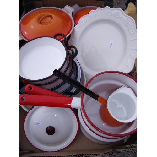 68 - Box containing a selection of various kitchenalia including enamelware, pans, pots, casserole dishes... 