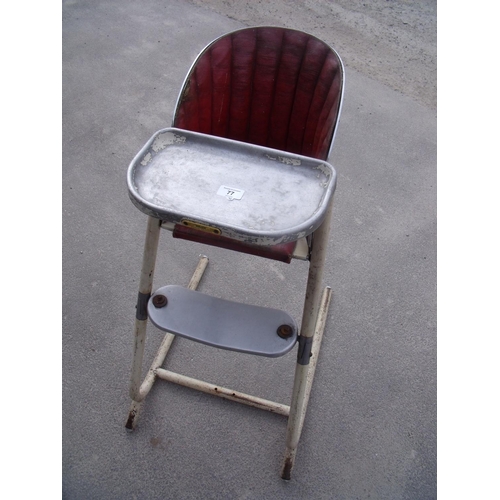 77 - Circa 1960s metal framed child's highchair with padded back and seat