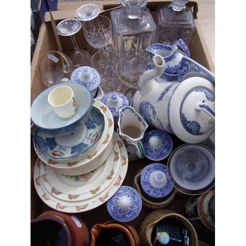 89 - Selection of blue and white ceramics, cut glass decanters, stoneware, Royal Doulton 'Bunnykins' etc