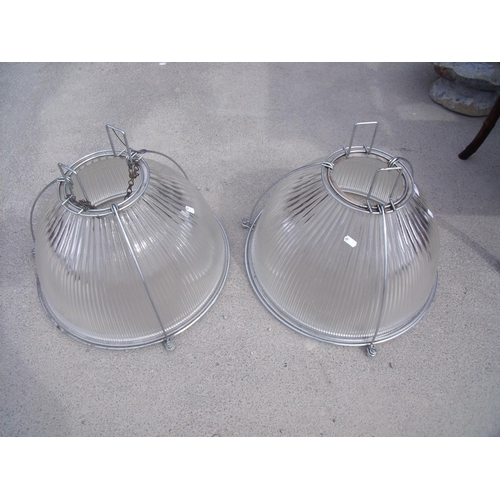 95 - Pair of large ribbed glass industrial style lightshades with stainless steel metal frames (diameter ... 