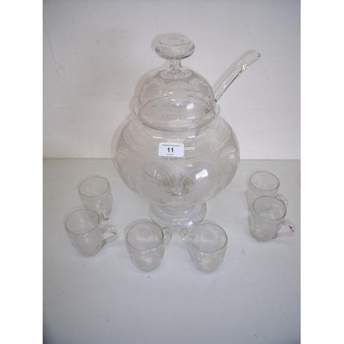 11 - Edwardian quality glass punch bowl, ladle and set of six cups with engraved detail
