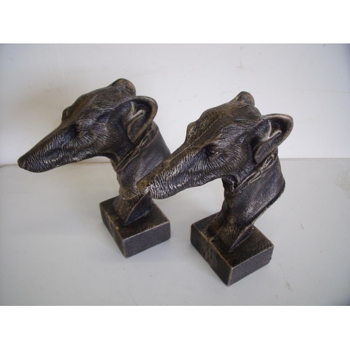 14 - Pair of bronze effect cast metal greyhound/lurcher type dog head busts on rectangular bases (height ... 