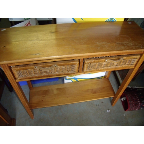 466 - Pine two tier side table with two wicker drawers (width 100cm)