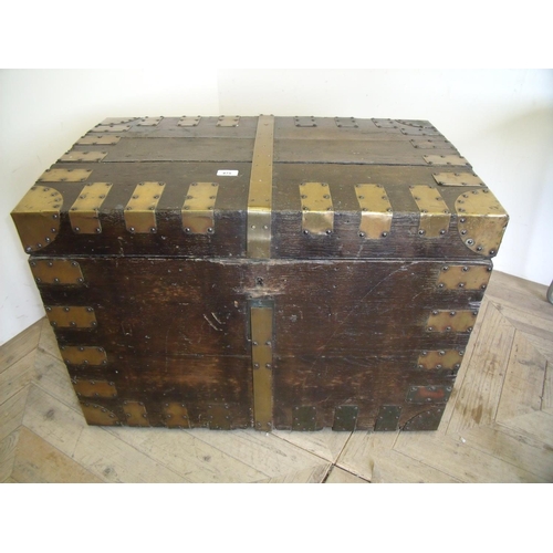 475 - 19th C oak and brass bound silver chest with four wrought metal carry handles (54cm x 84cm x 59cm)