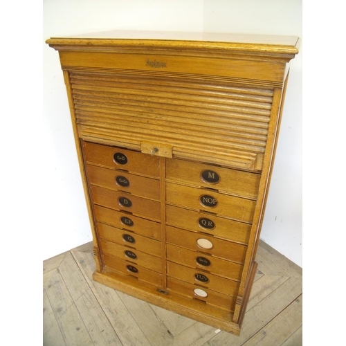 479 - Early 20th C golden oak multi drawer office filing cabinet with tambour door marked Amberg (79cm x 4... 