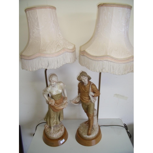 5 - Pair of Royal Dux table lamps in the form of a couple sowing seeds and harvesting, mounted on wooden... 