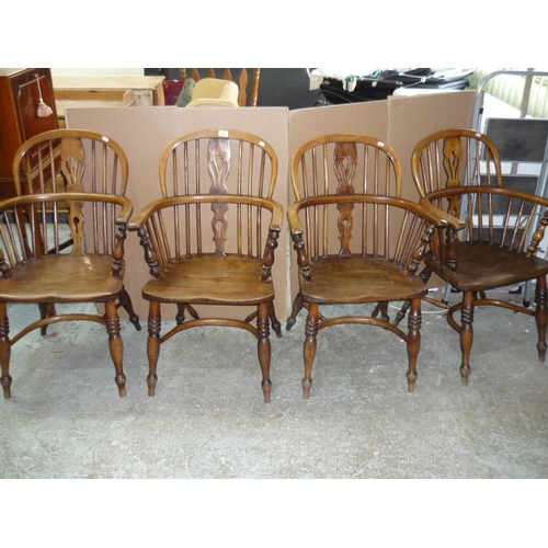 480 - Set of four elm Windsor stick back armchairs on turned supports and crinoline under stretcher