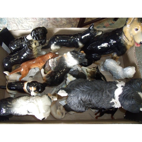 53 - Box of ceramic and other decorative dog figures including a Russian ceramic figure, a Beswick Rottwe... 