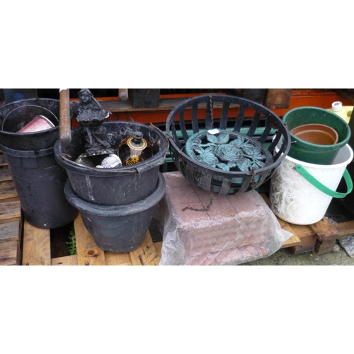 108 - Selection of plastic garden window boxes, hanging baskets, buckets and some garden ornaments fairy a... 