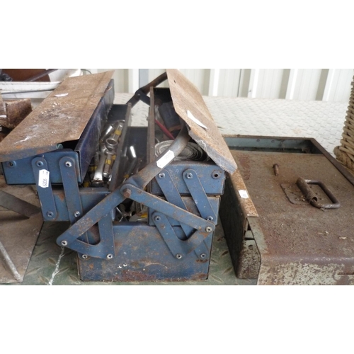13 - Two metal toolboxes containing various tools including hammers, small saws, sockets of various sizes... 