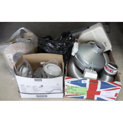 28 - Toolboxes and bags containing various electrical cables and some ventilation tubing, Xpelair fan