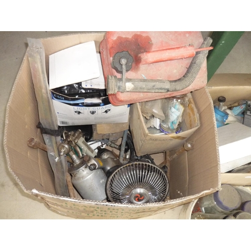 30 - Two boxes containing various tools and jars of screws and electrical components, car fan, impact wre... 
