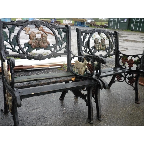 6 - Two children's garden benches with teddy bears, farm animals and fruit on