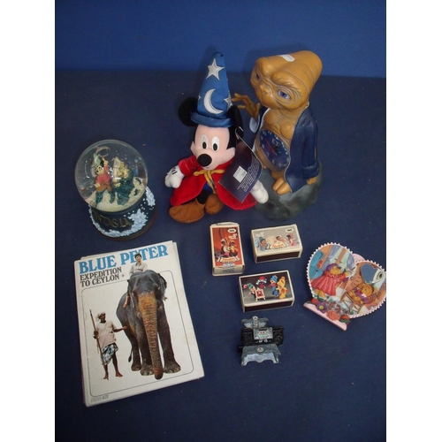 110 - Wizard Mickey Mouse, ET desk clock, Mickey Mouse snowglobe, various other collectables and Blue Pete... 