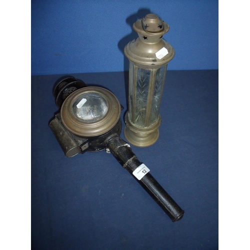 12 - Unusual vintage japed metal candle mounted carriage lamp with bullseye glass lens, and another lante... 