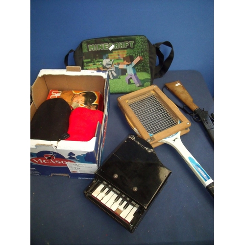 306 - Minecraft bag, model piano, vintage tennis racket, toy Western style gun etc