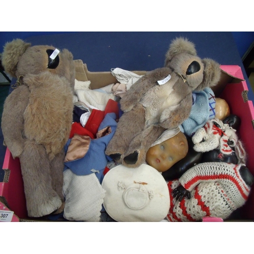 307 - Selection of various soft toys, dolls, clothing etc