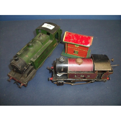 311 - Hornby clockwork LMS 2270 tank, Great Western 567 tank, and a small tin plate signal cabin (3)