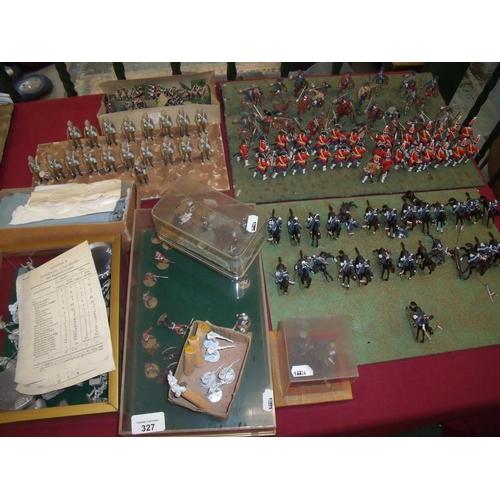 327 - Large selection of various scale cast metal military miniatures, mostly with painted finish, set out... 